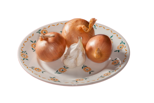 Ail et oignons dans une vieille assiette décorée