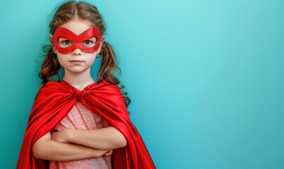 young girl superhero with red mask and cape posing confidently,  power concept , with copy space for text  - obrazy, fototapety, plakaty