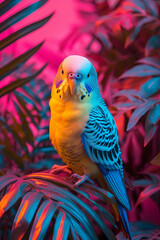 Budgerigar on the background of the pink tropics 