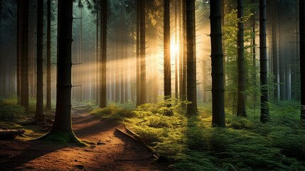 Tranquil forest scene with the sun's warm rays filtering through the trees