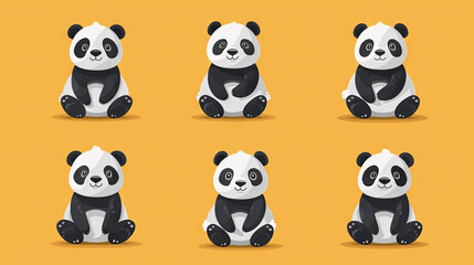 set of cute panda on the orange background