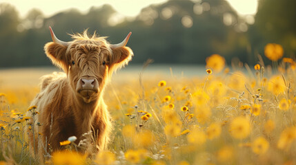 A Scottish breed of rustic cattle, the Highland cow, grazes in the meadow. - obrazy, fototapety, plakaty