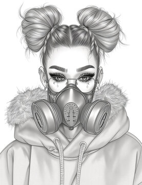 Portrait of beautiful girl. Cyberpunk style. Coloring page