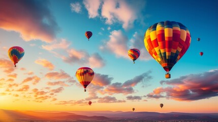 Vibrant hot air balloons ascending against a colorful sunset sky