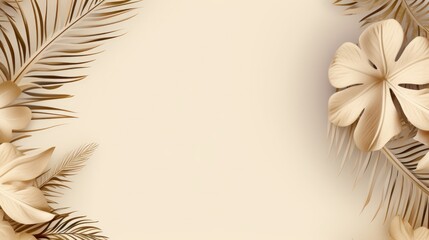 Beige pastel background with monstera leaves. Neural network AI generated art