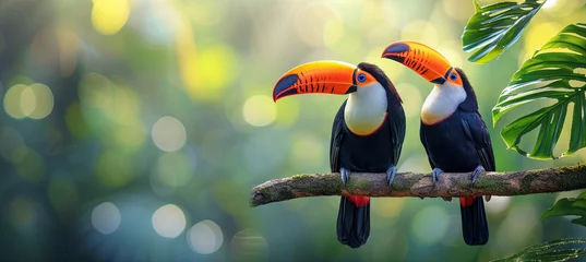 Foto op Plexiglas A pair of toucans on a branch on a background of jungle plants © Kateryna Kordubailo