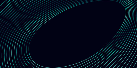 Futuristic abstract dark blue horizontal banner background. Glowing blue circle lines design. Swirl circular lines element.