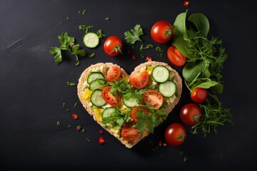 Valentine's Day heart shaped sandwiches with vegetables, tomatoes, cucumber on black background. Vegan food. View from above. Flat lay composition.