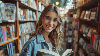 Young woman in bookstore or library, concept of intellectual development, reading habits
