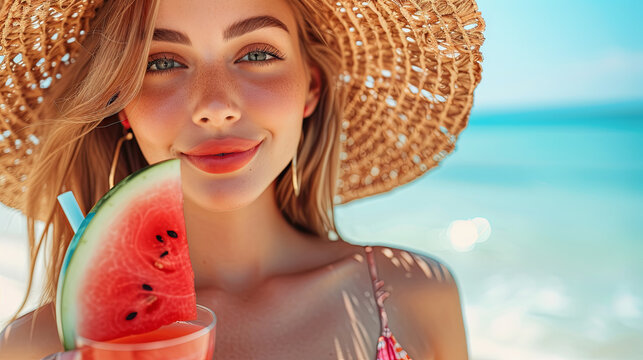 Beautiful young woman holds summer cold watermelon cocktail on the tropical beach background