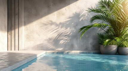 A swimming pool with a palm tree, the shadow of which falls, the concept of a summer vacation