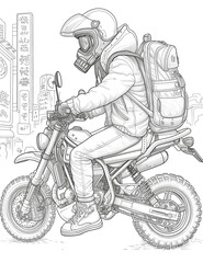 Naklejka na ściany i meble Biker on a motorcycle. Traveling through future cities. A girl on a motorcycle wearing a helmet. Illustration for coloring book