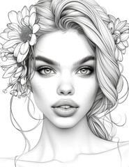 Fototapeta premium portrait of a beautiful girl surrounded by flowers. black and white illustration for coloring book.