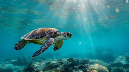 Beneath the serene waters of a tropical reef, a majestic sea turtle gracefully glides through the clear blue ocean. 
