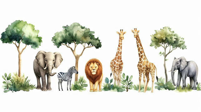 Fototapeta watercolour illustration of lion, giraffe, zebra and elephant on the white background. safari