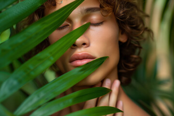 Naklejka premium Portrait of a guy of good looks next to leaves of tropical plants
