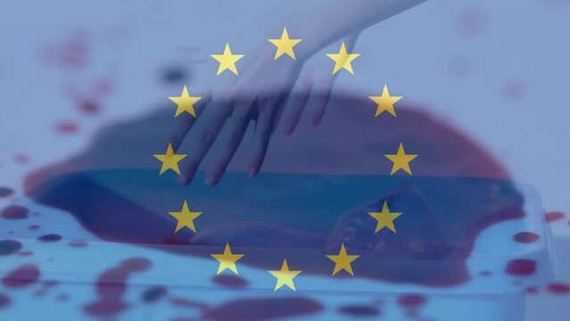 Animation of flag of eu and hands over stain