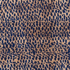 Tan and Blue Leopard Print Fabric. A tan leopard print with blue spots over a seamless pattern.