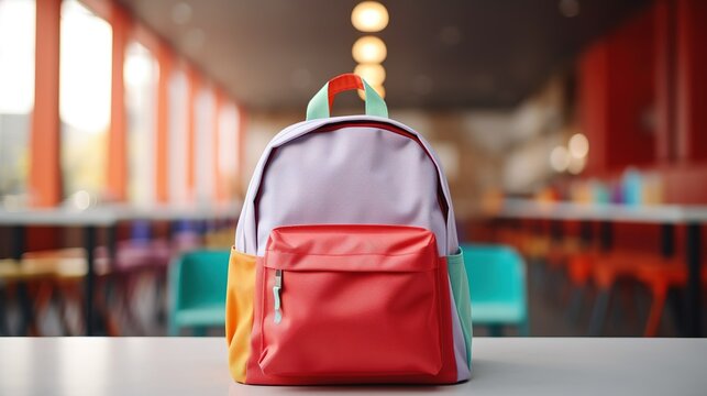 Backpack with different colorful stationery on table, Minimal unfocused blurred background with an empty back 