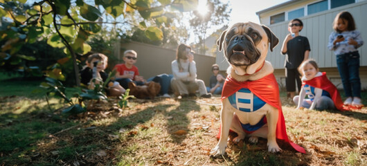 . Superhero Pug Dog in Costume of SuperHero  at Kids Party, at sunny day 
