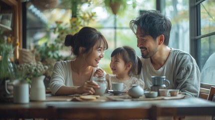 Happy asian family having breakfast together in the morning at home.