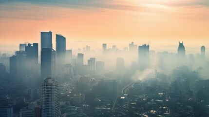 Polluted air over a smog covered cityscape
