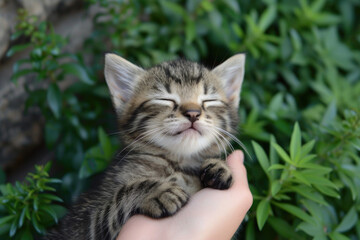 Naklejka na ściany i meble Happy kitten likes being stroked by woman's hand
