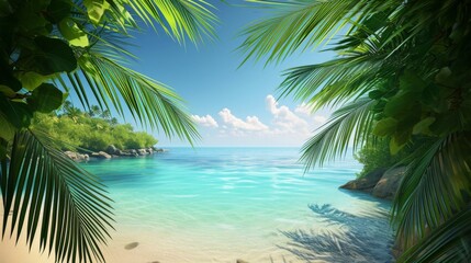 Tropical Beach Paradise Realism. A hyperrealistic tropical beach paradise with crystal clear waters and lush palms.