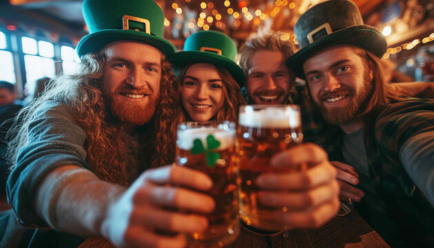 Friends celebrating St Patricks day with drinks in a bar. Saint Patrick Day party in pub with friends. Male friends getting drunk Irish Fetival - Powered by Adobe