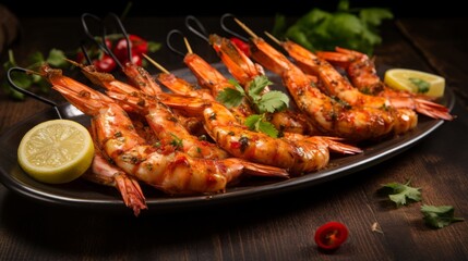 Skewers of BBQ prawns with a vibrant marinade, an appetizing spectacle