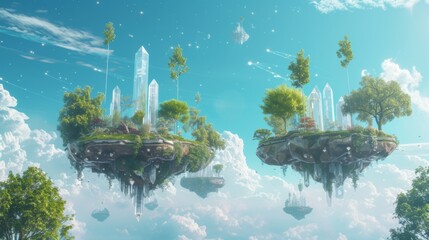 Mythical Levitating Landmasses with Crystal Towers. Mythical landmasses with lush greenery and soaring crystal towers.