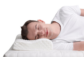 Fototapeta na wymiar Man sleeping on orthopedic pillow against white background
