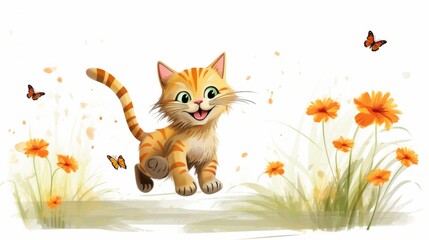 Whimsical cat clip art chasing a butterfly