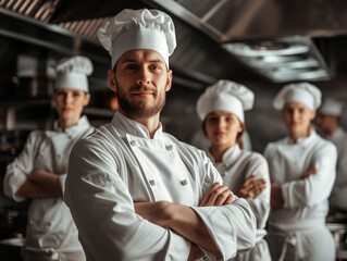 Portrait of the chef man against the background of his team in the kitchen in special clothing for Chefs