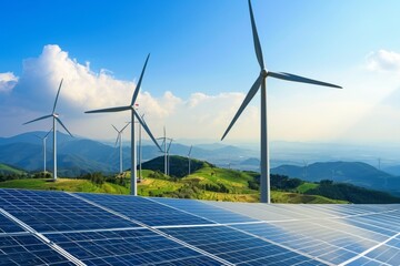 Renewable Energy Landscape with Wind Turbines and Solar Panels. Landscape with solar panels and wind turbines against blue sky.