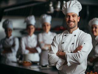 Portrait of the chef man against the background of his team in the kitchen in special clothing for Chefs