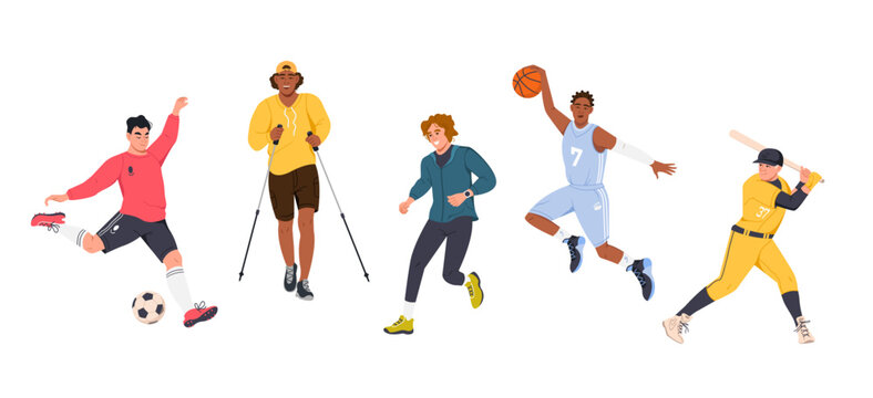 A set with vector images of male athletes. Young men play sports. Team play, football, basketball, baseball, Nordic walking, running. Illustration in a flat style, isolated on a white background