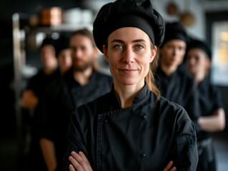 Portrait of the chef woman against the background of his team in the kitchen in special clothing for Chefs