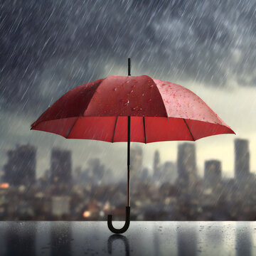 Red umbrella in the rain and rainy day in the city.  Weather forecast, How is the weather