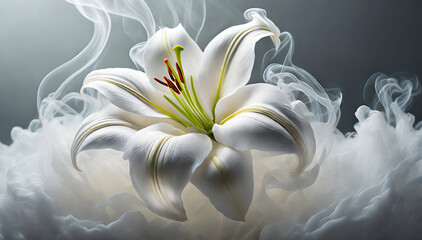 Biała lilia, abstrakcyjny dym, tapeta  - obrazy, fototapety, plakaty
