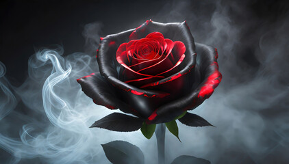 Róża, czerwono czarny kwiat w dymie - obrazy, fototapety, plakaty