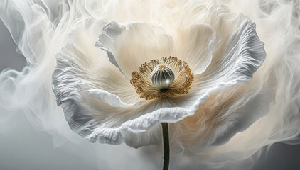 Biały pastelowy kwiat mak, abstrakcyjny dym