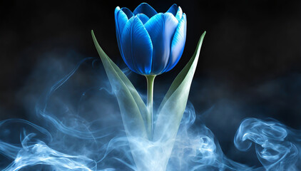 Niebieski kwiat tulipan , abstrakcyjny dym - obrazy, fototapety, plakaty
