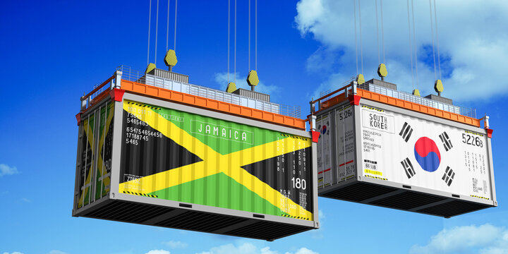 Shipping containers with flags of Jamaica and South Korea - 3D illustration