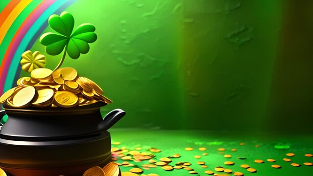 Saint Patrick s Day. Pot full of golden coins with rainbow .Traditional Irish symbol of success and luck. Leprechaun s gold. Celebrative, festive 3D Render concept sparkling lights moving around