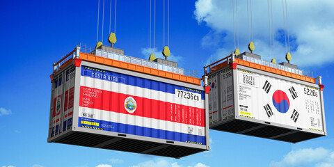 Shipping containers with flags of Costa Rica and South Korea - 3D illustration