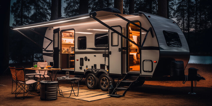 A motor vehicle RV camper is parked at a campground in the woods at night, with its wheels, tires, and windows visible in the automotive exterior.