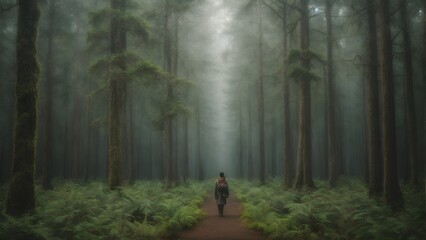 Digital composite of walking man in forest with fog - Powered by Adobe
