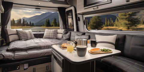 The interior of the RV camper van features a table and a bed, along with provisions for food, tableware, and even a window for enjoying the view. It's like a tiny movable house with a touch of art and - obrazy, fototapety, plakaty
