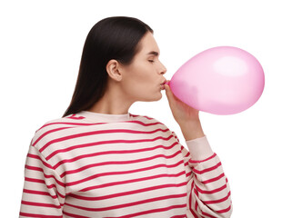Woman inflating pink balloon on white background